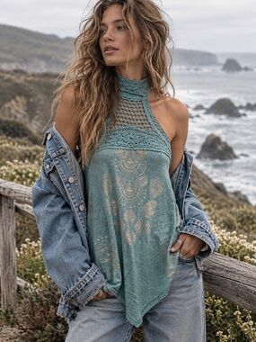Free People Mandolin Aqua/White Crochet Halter Top Large